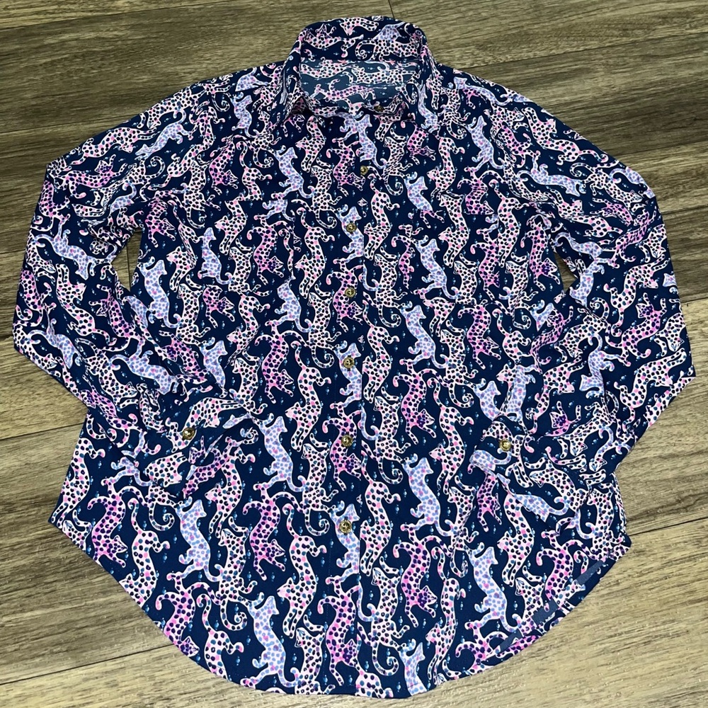 Lilly Pulitzer Sea View Button Down Top Oyster Bay Navy On the Catwalk